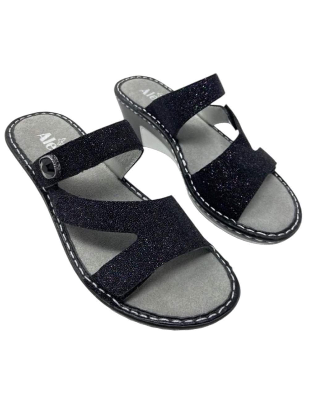 ALEGRIA Glitteroti Nlack / Silver Leather Wedge Sandals 37 — SUPER COMFY!!! - Picture 3 of 10
